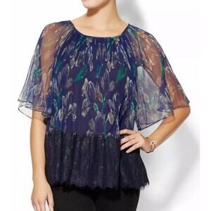 Marchesa Voyage Pleated & Lace Blue Floral Blouse 8